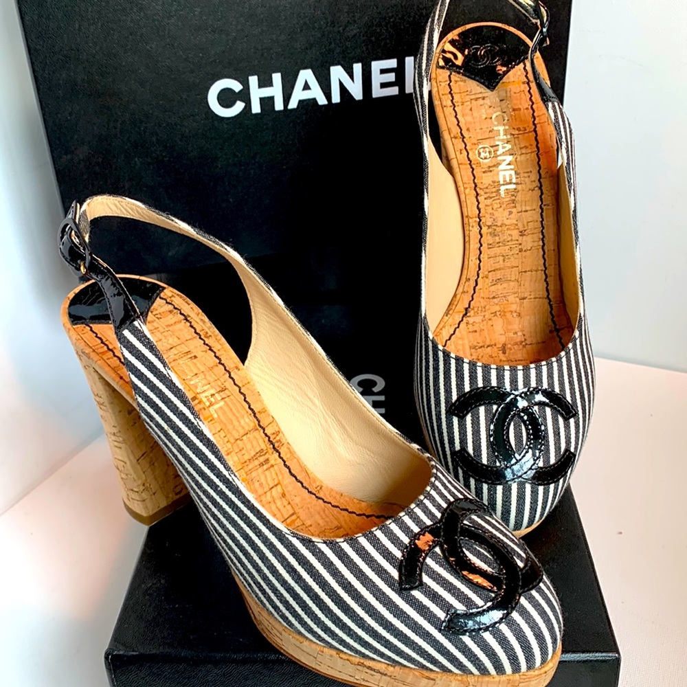 CHANEL Shoes Black White Striped Platform Cork Canvas Patent Slingback CC Heels